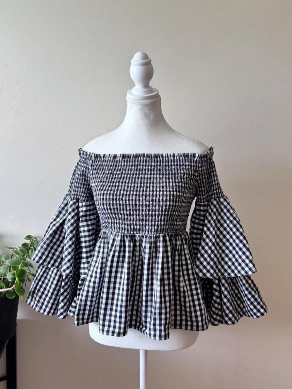 Black & White Gingham Off-Shoulder Peplum Blouse